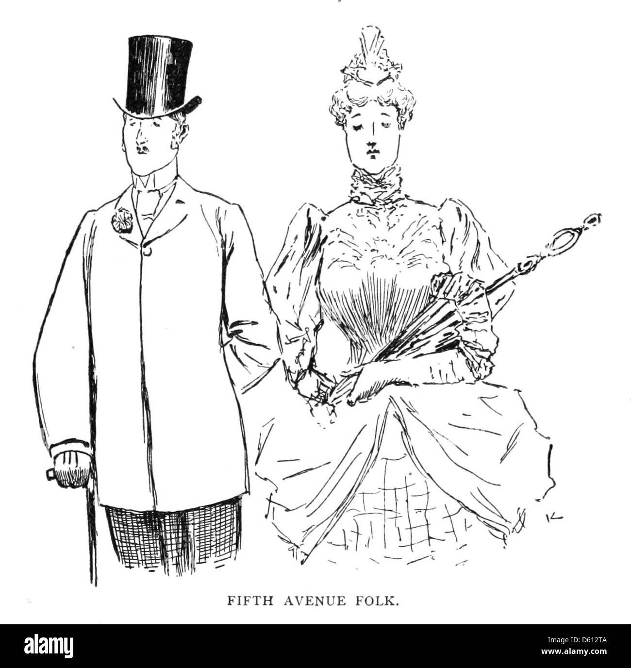 Une image du début du XXe siècle représentant le point de vue d’un visiteur français sur la Cinquième Avenue à New York. La photographie capture la vie urbaine trépidante, mettant en valeur l'avenue animée connue pour ses boutiques, ses monuments culturels et l'atmosphère de la ville. Banque D'Images