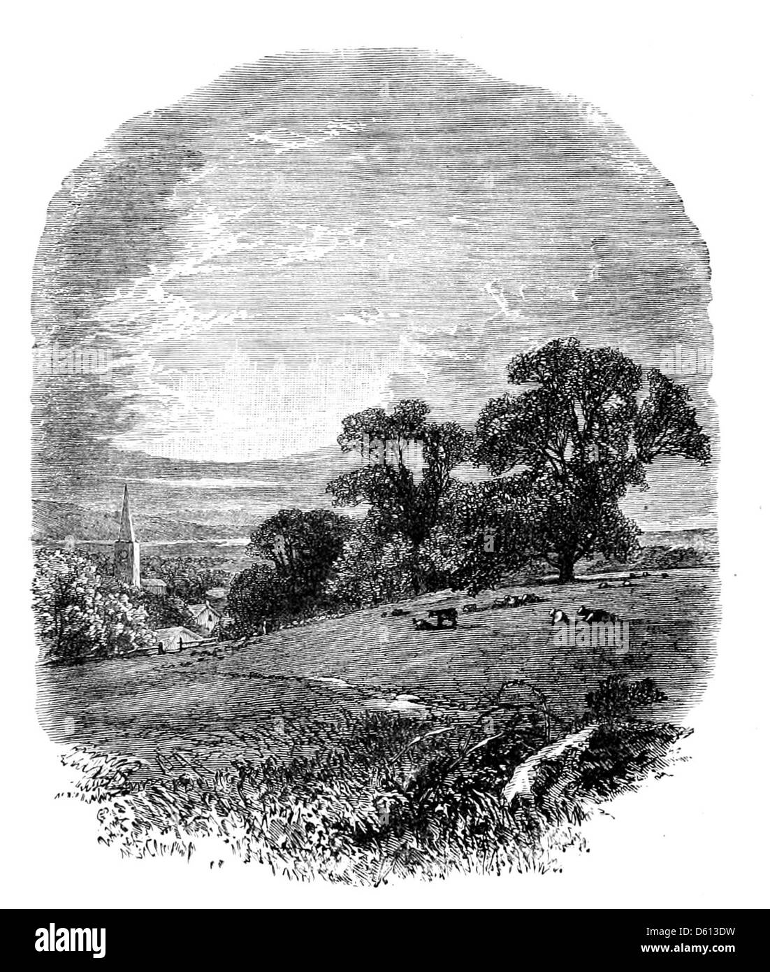 Cette illustration de 1876 capture un moment serein d’un festival célébrant les plus grands poètes de la langue anglaise. L'image montre un clocher d'église et une vallée paisible, évoquant l'atmosphère calme d'un événement culturel axé sur la poésie et la chanson. Banque D'Images