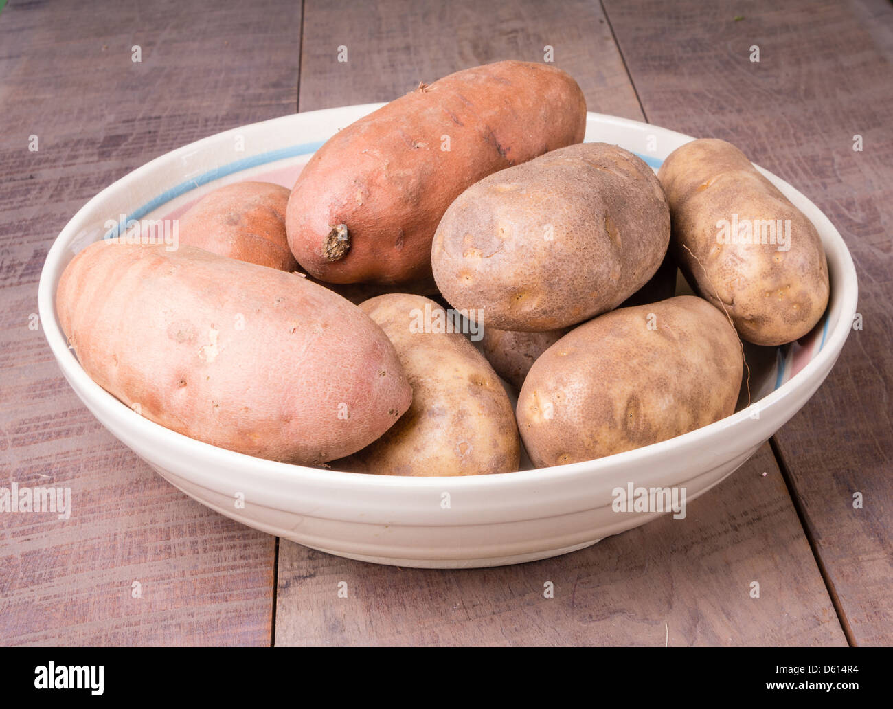 Un bol d'ignames, patates douces et les pommes de terre roussâtres sur une table en bois Banque D'Images