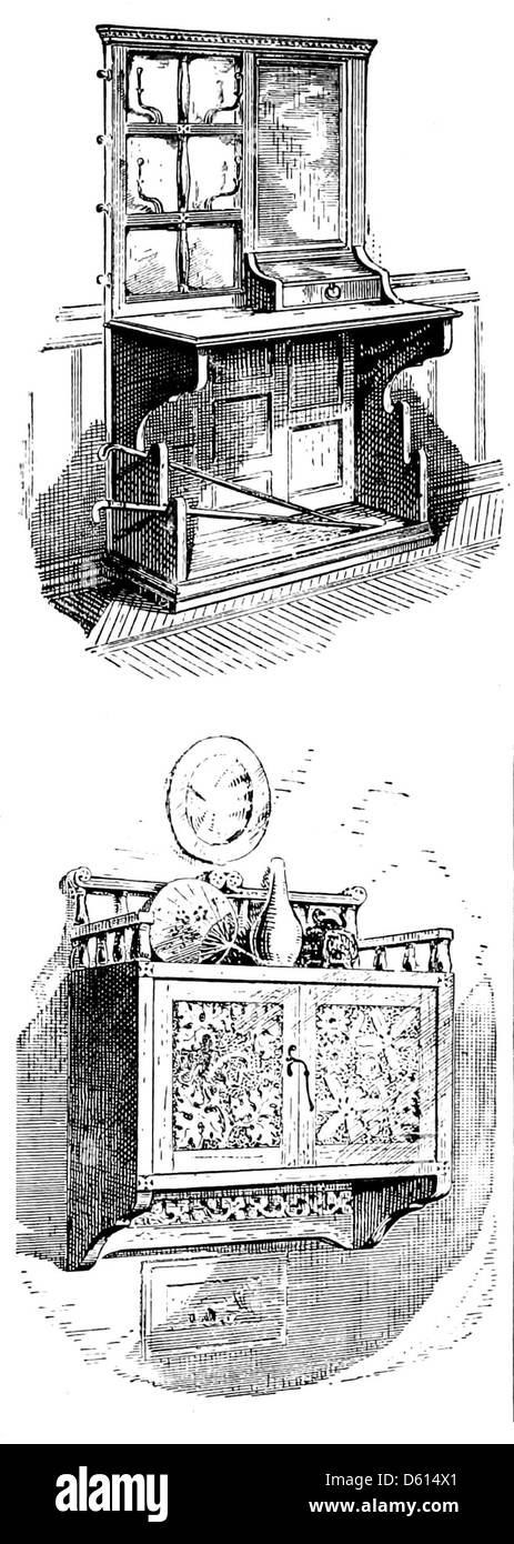 Une illustration de 1878 tirée de « A Domestic Cyclopædia of Practical information », montrant un placard, reflétant les conseils pratiques et domestiques offerts dans ce manuel informatif pour la gestion des ménages. Banque D'Images