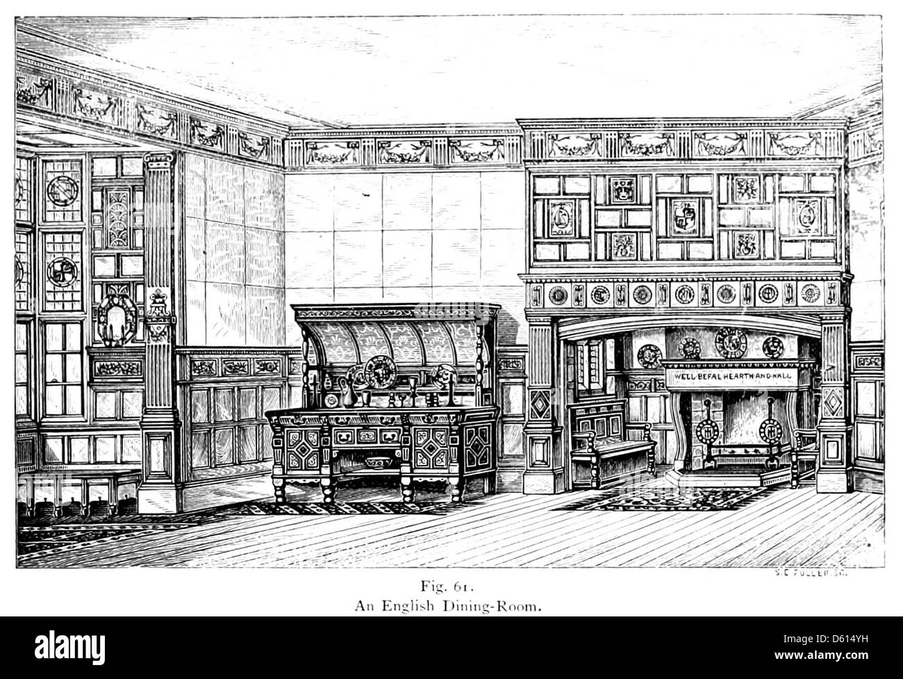 Cette illustration de 1878 de *A Domestic Cyclopædia of Practical information* montre une salle à manger bien meublée, mettant en valeur le style de vie domestique et le design intérieur de la fin du XIXe siècle. Banque D'Images