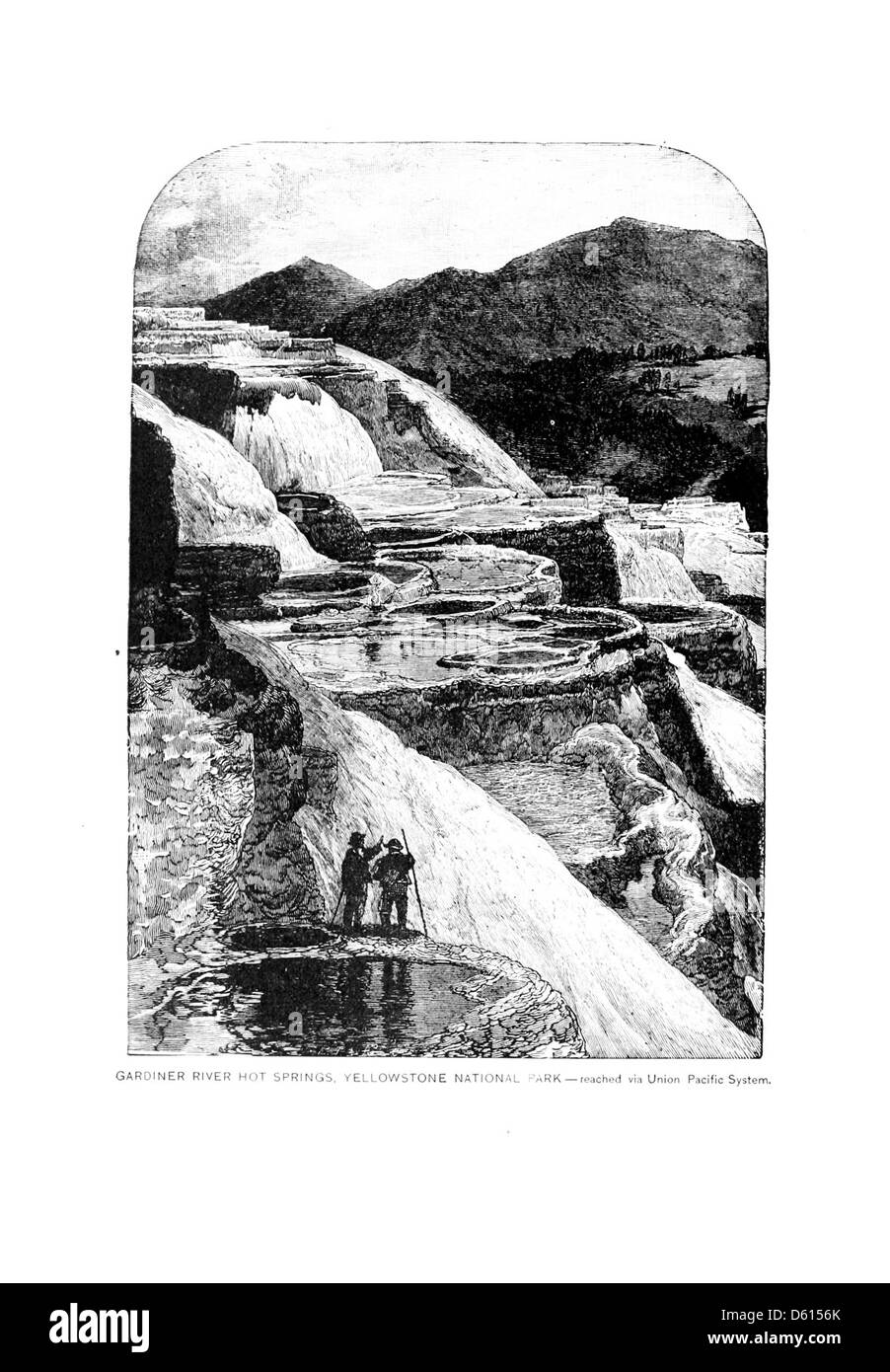 Une illustration de 1891 tirée d'un guide de voyage dans les stations de l'Ouest, mettant en évidence les sources thermales de Gardiner River dans le parc national de Yellowstone. L'image souligne la beauté naturelle et la valeur thérapeutique de la région. Banque D'Images