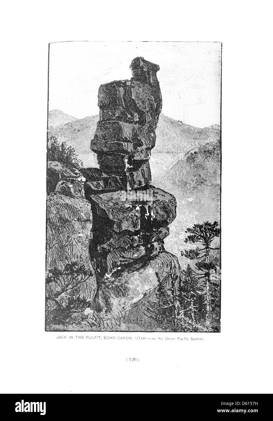 Une image promotionnelle de 1891 décrivant les stations balnéaires pittoresques le long de l'Union Pacific Railroad, y compris Echo Canyon. La région est connue pour sa beauté naturelle et son environnement relaxant, attirant les voyageurs en quête de santé et de loisirs. Banque D'Images