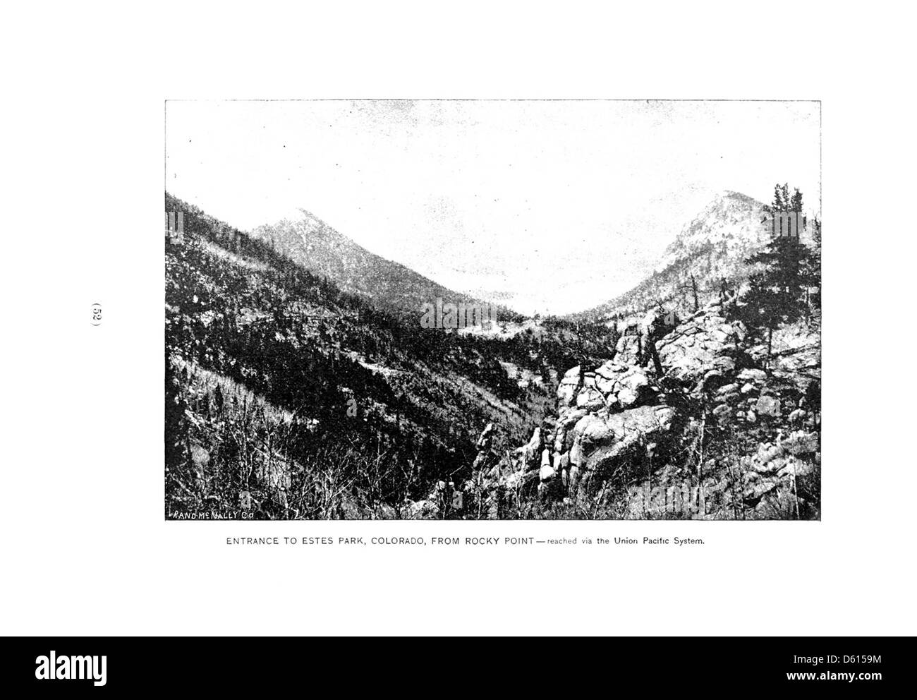 Une image promotionnelle de 1891 tirée de 'A Description of the Western Resorts for Health and Pleasure', mettant en évidence Estes Park et Rocky point du Colorado. L'image met en valeur la beauté pittoresque et l'attrait récréatif de la région, promue pour ses bienfaits pour la santé et ses activités de loisirs, accessible via le chemin de fer Union Pacific. Banque D'Images