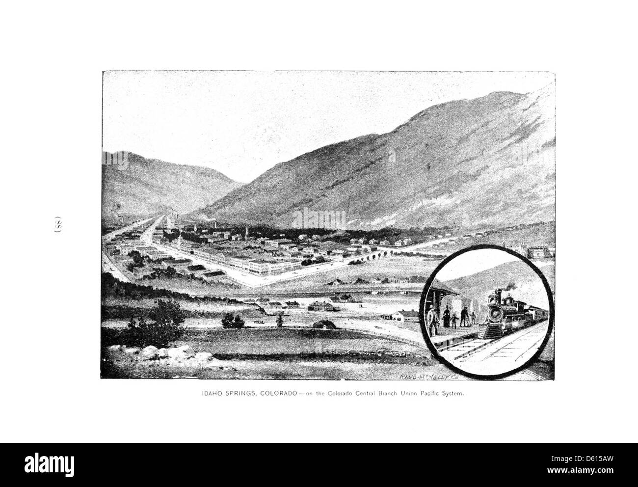 Ce guide de 1891 décrit les stations balnéaires de l'Ouest accessibles via l'Union Pacific Railroad, en mettant en évidence des endroits dans le Colorado et Idaho Springs. L'image inclut probablement des vues panoramiques des stations balnéaires, soulignant leur rôle en tant que destinations de santé et de loisirs. Banque D'Images