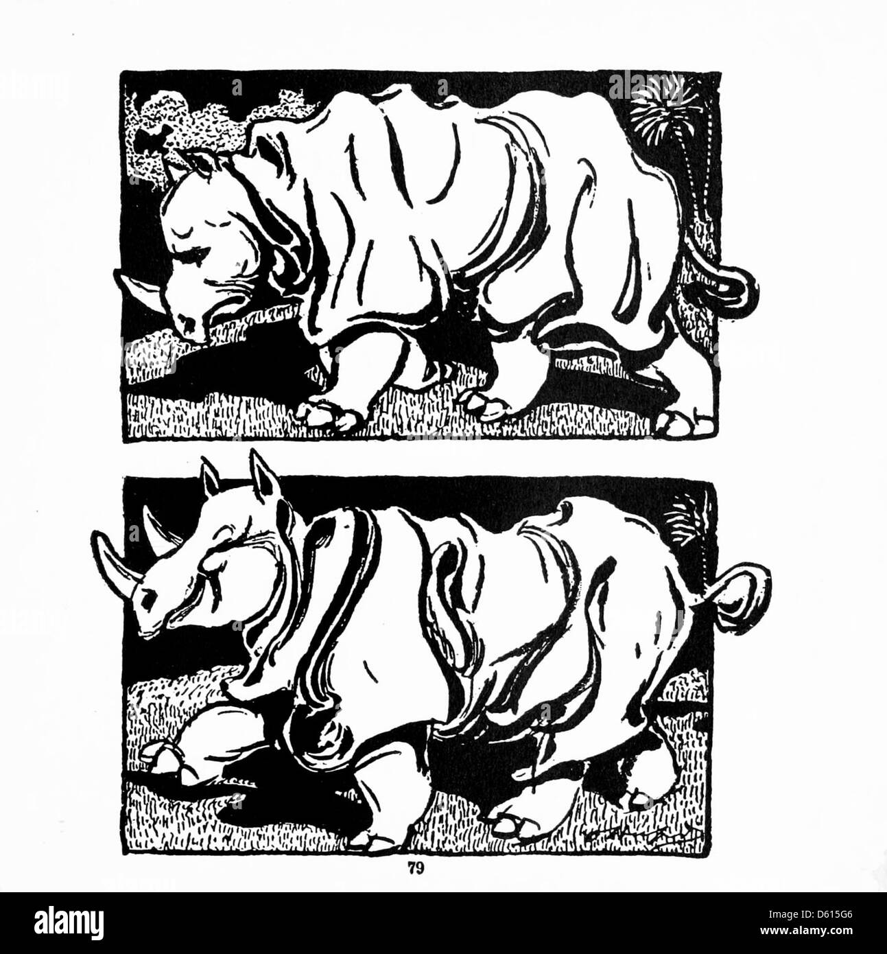 Une illustration tirée de 'A Child's Primer of Natural History' (1899) représentant un rhinocéros. Cette image éducative fait partie d’une série destinée à initier les enfants au monde naturel, en mettant l’accent sur la faune et les espèces animales. Banque D'Images