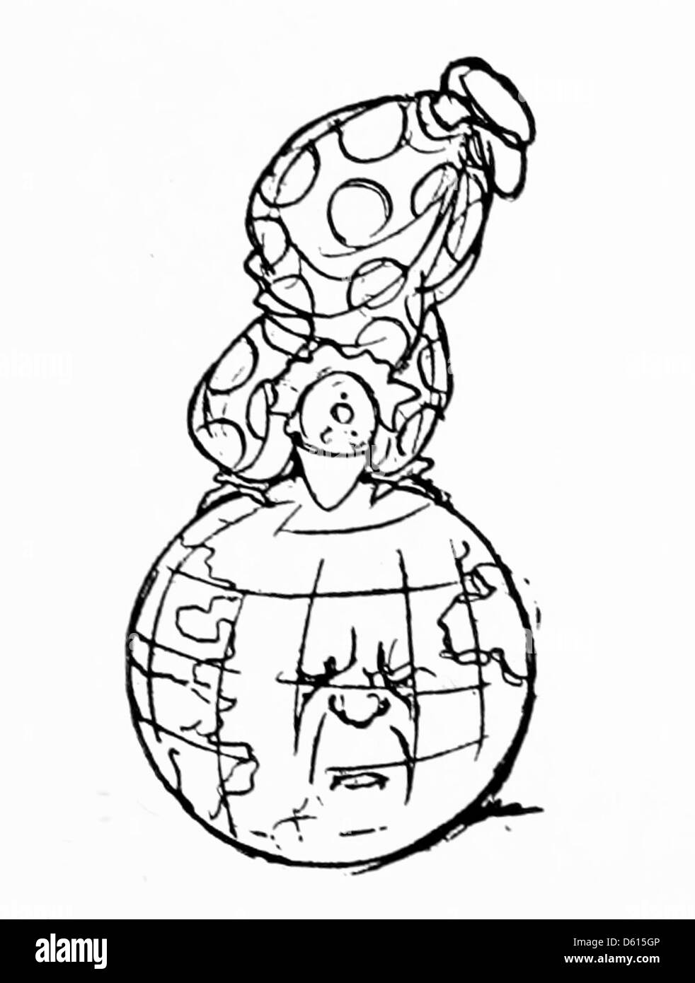 Une illustration tirée de l'introduction de 1899 de l'histoire naturelle pour les enfants, mettant en scène un clown et un globe. Ce livre éducatif visait à enseigner aux enfants le monde naturel de manière amusante et engageante. Banque D'Images