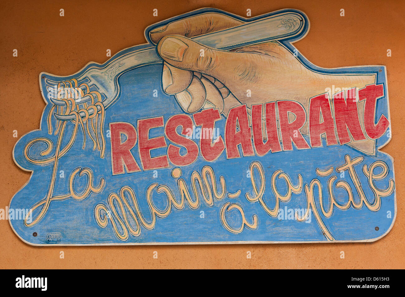 La France, la Corse, La Balagne, Calvi, signe pour la main de pasta Banque D'Images