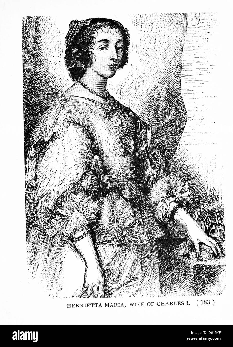Une illustration de 1897 tirée de 'A Child's History of England' représentant Henrietta Maria, la reine consort du roi Charles I. L'image reflète son rôle dans l'histoire anglaise, en particulier pendant la période tumultueuse menant à la guerre civile anglaise. Banque D'Images
