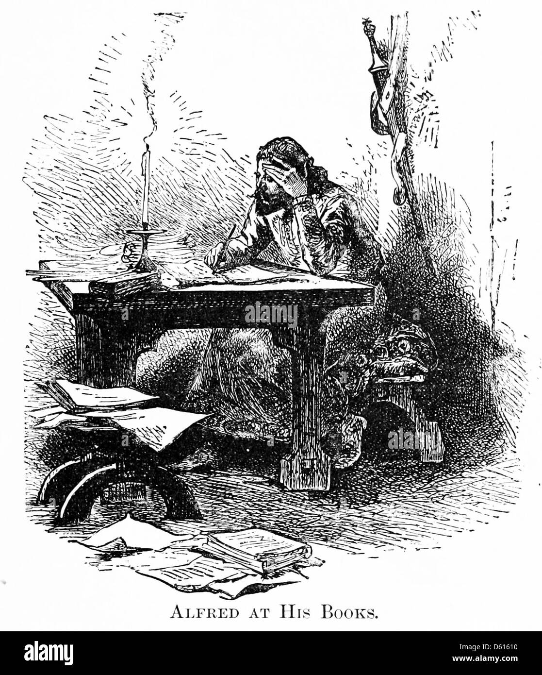 Cette image de 1897 tirée de 'A Child's History of England' présente une représentation du roi Alfred, soulignant son rôle important dans l'histoire de l'Angleterre et ses contributions à la culture et au droit anglais. Banque D'Images