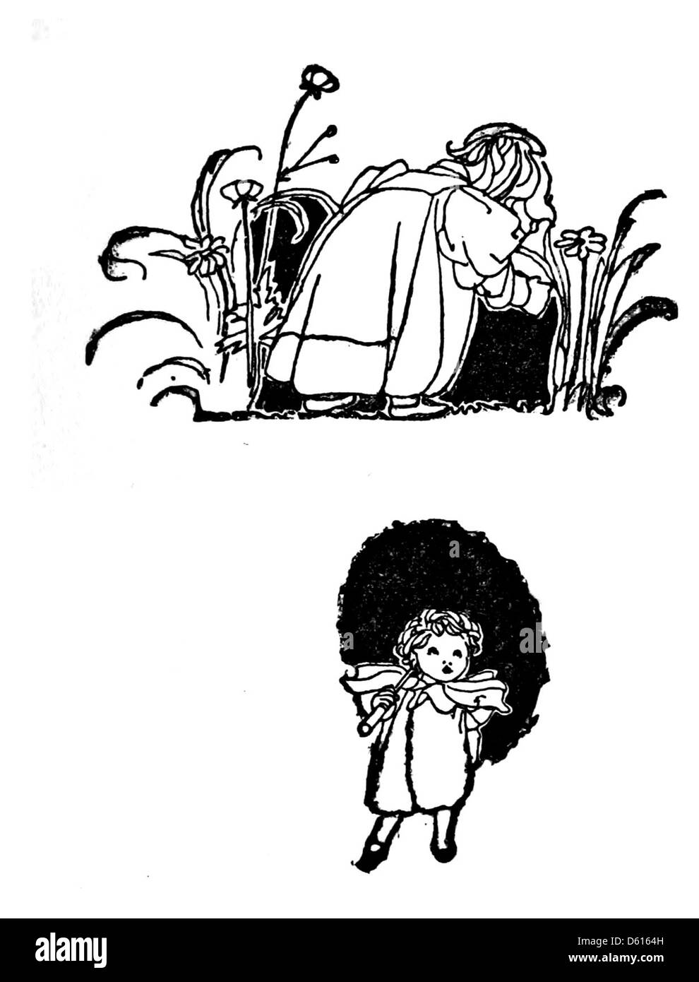 Cette image représente probablement une illustration tirée de A Child’s Garden of Verses (1901), un livre de poésie pour enfants de Robert Louis Stevenson, souvent composé d’illustrations imaginatives et fantaisistes. Banque D'Images