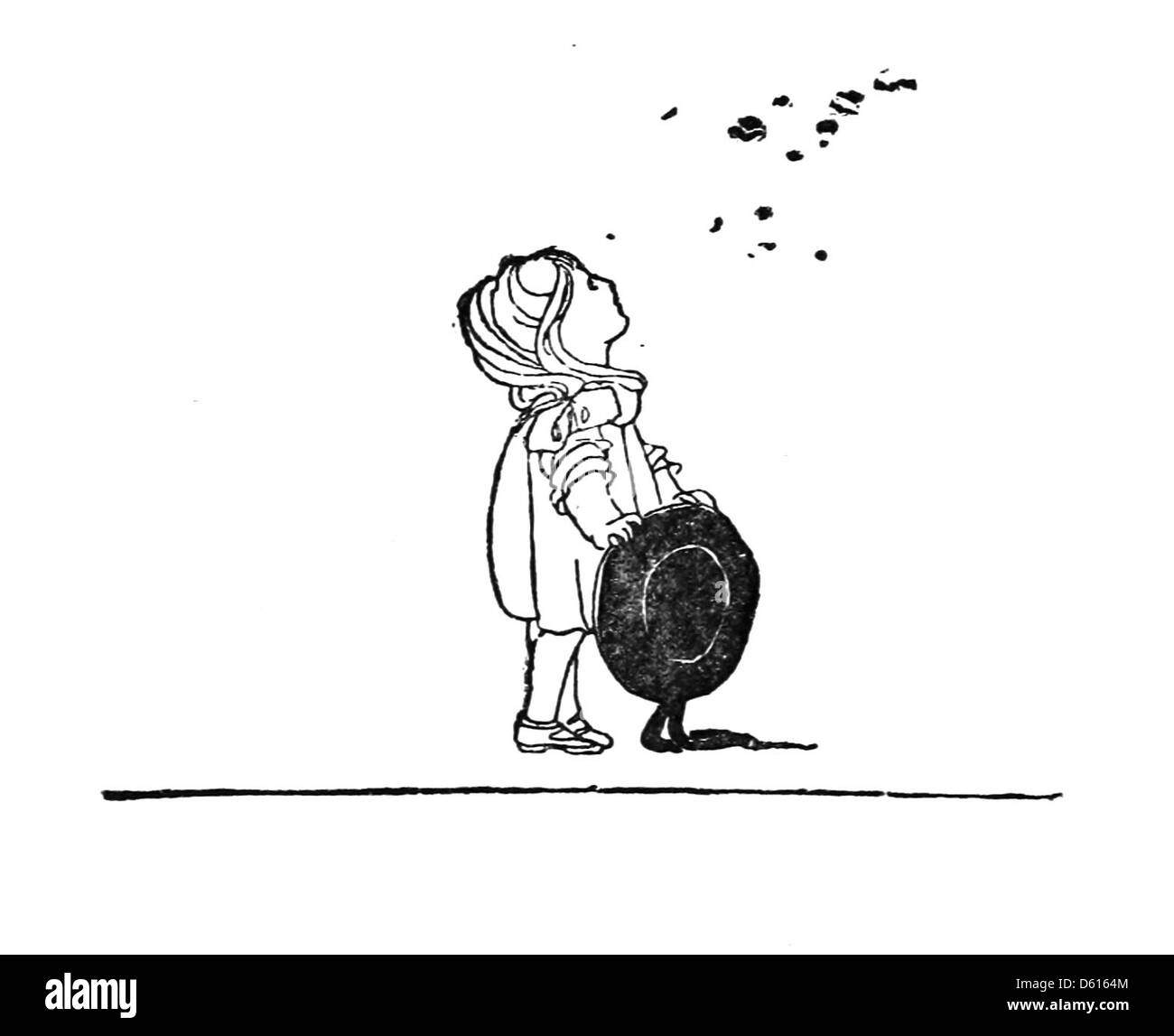 Illustration vintage tirée de 'A Child's Garden of Verses' (1901), mettant en valeur une scène ludique dans un jardin d'enfant. L’illustration complète la nature fantaisiste des célèbres poèmes de Robert Louis Stevenson. Banque D'Images