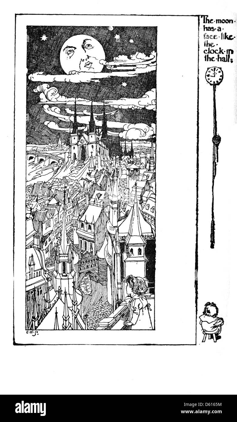 Cette illustration de 1901 tirée de « jardin d'enfants de versets » de Robert Louis Stevenson montre une scène nocturne avec le visage d'un enfant illuminé par la lune dans un cadre urbain. L’imagerie complète l’exploration poétique de l’enfance. Banque D'Images