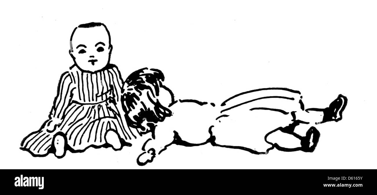 Une illustration tirée de 'A Child’s Garden of Verses' (1905) par Betsy Collins Pease, montrant des enfants avec des poupées. Cette image capture l'esprit innocent et ludique de l'enfance en ligne avec les thèmes du livre. Banque D'Images