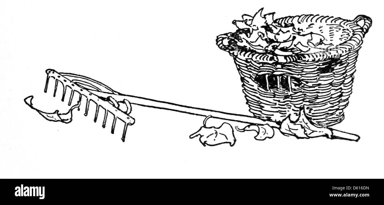Une illustration de l'édition de 1909 de 'un jardin d'enfants de versets', représentant des enfants ratissant des feuilles dans un jardin. L'image met l'accent sur les thèmes de l'enfance et des activités de plein air, dépeignant une scène automnale paisible. Banque D'Images Une illustration de l'édition de 1909 de 'un jardin d'enfants de versets', représentant des enfants ratissant des feuilles dans un jardin. L'image met l'accent sur les thèmes de l'enfance et des activités de plein air, dépeignant une scène automnale paisible. Banque D'Images