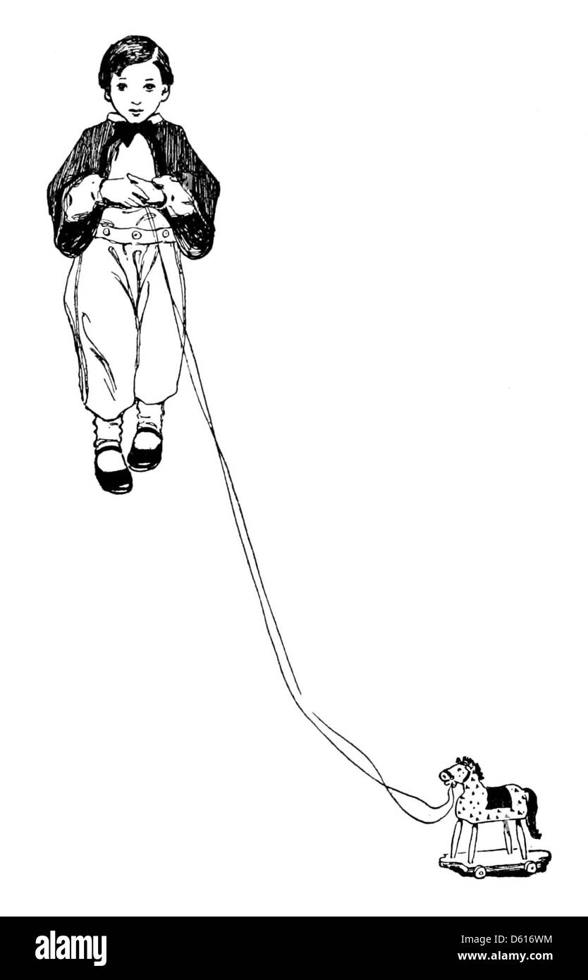 Une illustration de l'édition 1905 de 'jardin d'enfants de versets' représentant un cheval jouet, capturant le monde ludique et imaginatif de la littérature pour enfants. Banque D'Images