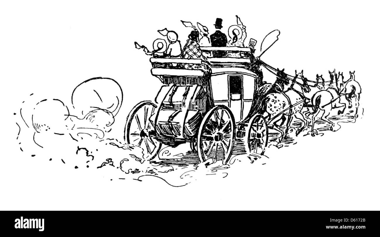 Illustration tirée de 'A Child's Garden of Verses' (1905), représentant un entraîneur de course. L'image se connecte avec la nature ludique et poétique du livre, en se concentrant sur les thèmes de l'aventure de l'enfance et de l'imagination. Banque D'Images