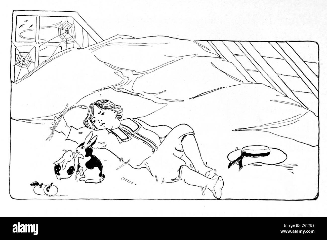 Une illustration tirée de 'un jardin d'enfants de versets' (1908), représentant une grange avec du foin et des lapins. L'image donne vie aux thèmes pastoraux doux du poème, capturant l'innocence et la beauté de la vie rurale pour les enfants. Banque D'Images