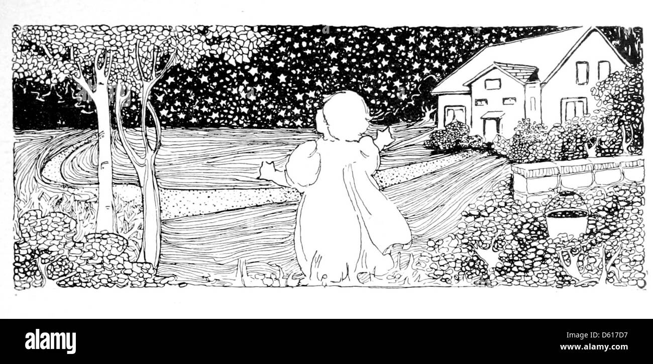 Une illustration de 1908 tirée de *jardin d'enfants de versets*, représentant une nuit étoilée sereine. Cette image évoque une interprétation paisible et poétique du ciel nocturne du point de vue de l'enfant. Banque D'Images