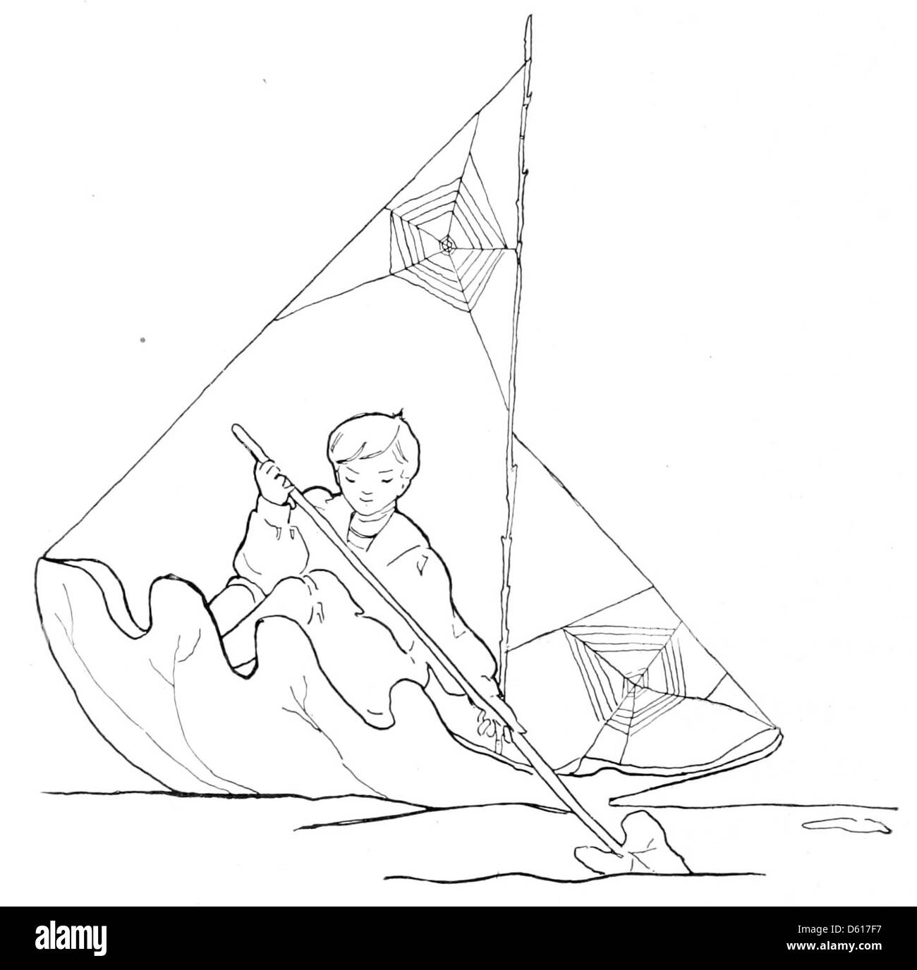 Illustration tirée de 'A Child's Garden of Verses' (1908) de Robert Louis Stevenson, montrant un bateau entouré de toiles d'araignée et de feuilles. L'image dépeint une scène fantaisiste qui évoque l'imagination et l'amour d'un enfant pour la nature. Banque D'Images