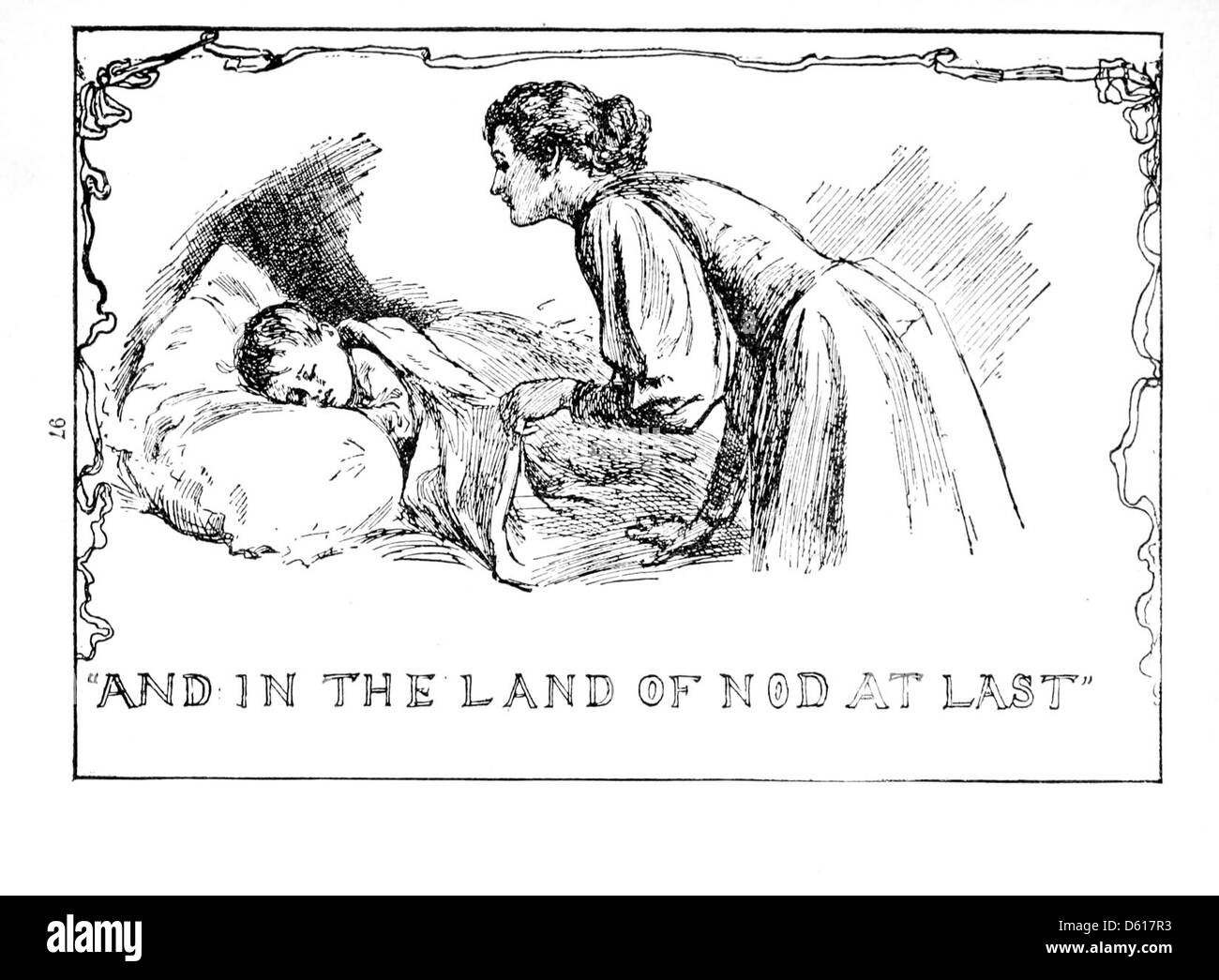 Cette image représente l'illustration de l'édition de 1902 de 'A Child's Garden of Verses', un livre de poésie pour enfants bien-aimé de Robert Louis Stevenson, représentant souvent la nature, les thèmes de l'enfance et l'imagination. Banque D'Images