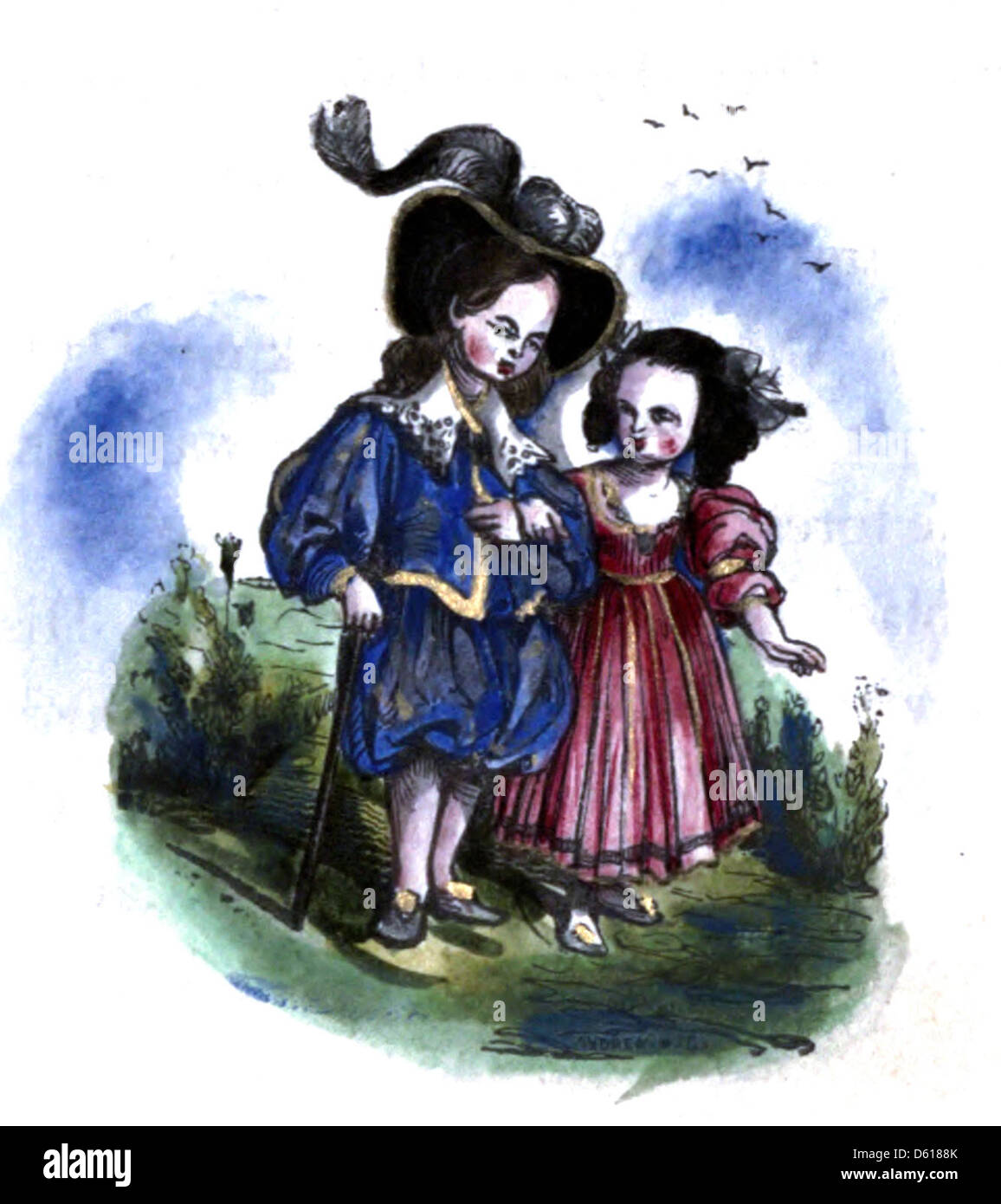 Une illustration de la bibliothèque de fées de l'enfant, peut-être créée entre 1837 et 1838, représentant un groupe d'enfants dans un cadre fantaisiste et de conte de fées. L'image capture l'innocence et l'émerveillement de l'enfance tels que reflétés dans les histoires de fées classiques. Banque D'Images