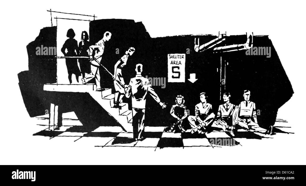 Une publication de 1951 détaillant les instructions provisoires de protection civile pour les écoles et les collèges, mettant l'accent sur la préparation aux situations d'urgence et la mise en œuvre de procédures d'hébergement en cas d'attaque ou de catastrophe. Les directives mettent l'accent sur les protocoles de sécurité pour les étudiants et le personnel. Banque D'Images