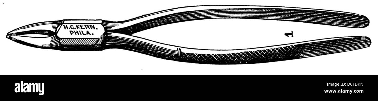Cette illustration de 1868 tirée de *Manuel sur l’extraction des dents* présente les outils et techniques dentaires utilisés par les dentistes du XIXe siècle pour les extractions dentaires, offrant un aperçu des pratiques médicales de l’époque. Banque D'Images