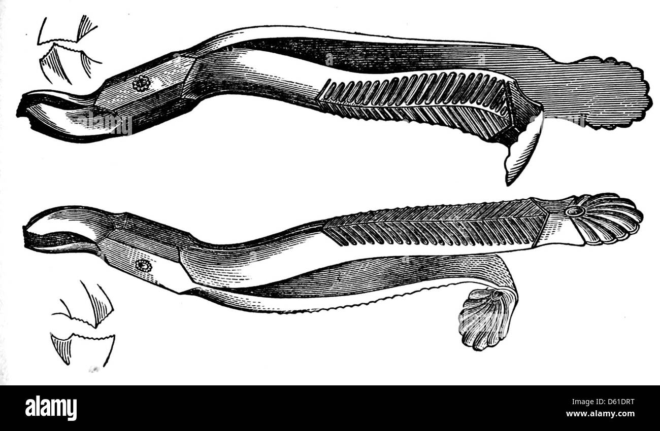 Une illustration tirée de 'un Manuel sur l'extraction des dents', publié en 1868, montrant divers outils dentaires et techniques utilisés pour l'extraction des dents au XIXe siècle. Le manuel fournit un guide sur les pratiques dentaires et les procédures chirurgicales de l'époque. Banque D'Images