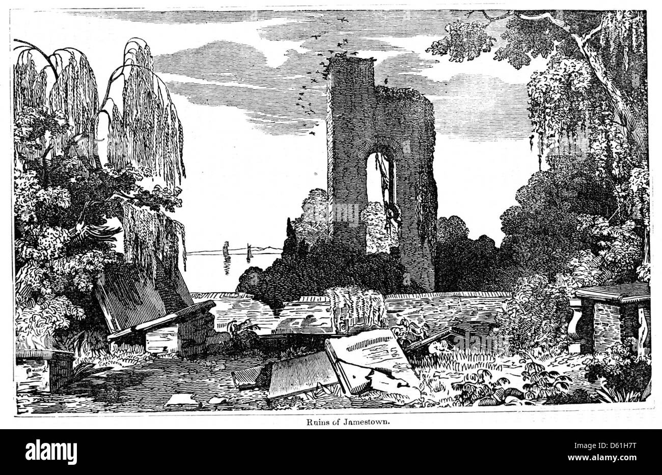 Une illustration tirée de 'A Pictorial Description of the United States' (1860) montrant les ruines de Jamestown en Virginie. L'image capture l'importance historique du site, en se concentrant sur les vestiges de la première colonie anglaise permanente en Amérique. Banque D'Images