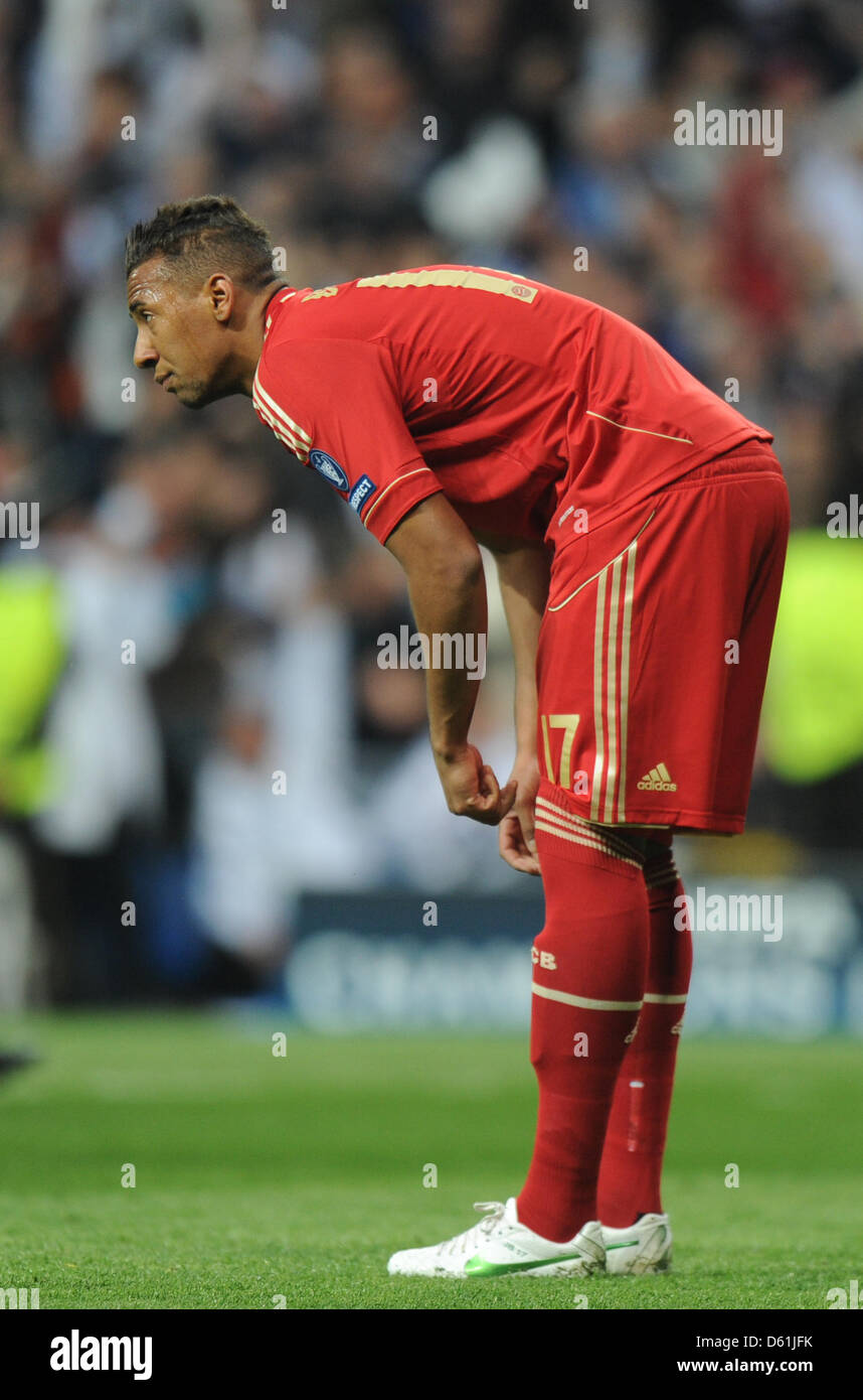 Munich's Jerome Boateng pendant pendant la demi-finale de la Ligue des Champions de football match match retour entre le Real Madrid et le FC Bayern Munich au Santiago Bernabeu à Madrid, Espagne, 25 avril 2012. Photo : Marc Mueller Banque D'Images