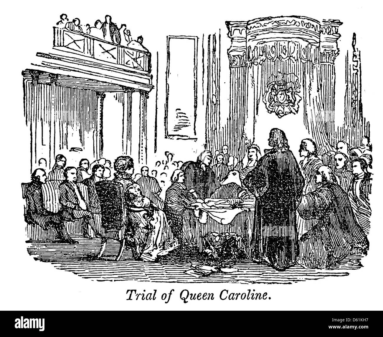 Cette image représente probablement une scène tirée de A Pictorial History of England (1854), illustrant spécifiquement le procès de la reine Caroline, un événement marquant dans l'histoire juridique anglaise au début du XIXe siècle. Banque D'Images