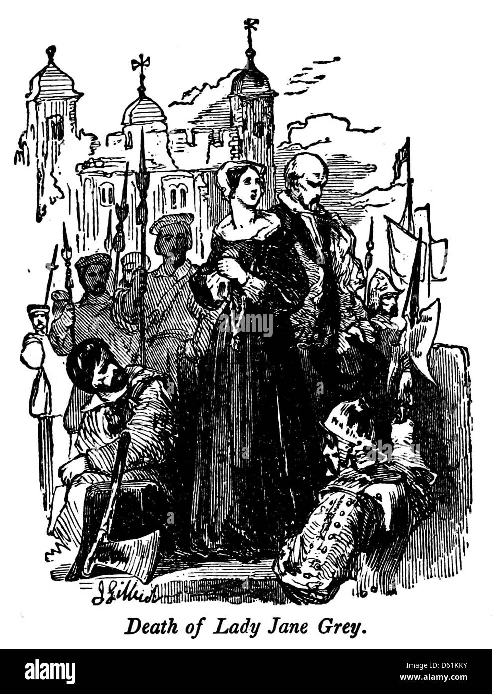Cette illustration tirée de 'A Pictorial History of England' (1854) représente la mort tragique de Lady Jane Grey, la reine d'Angleterre de neuf jours. Son exécution en 1554 est un moment emblématique de l’histoire anglaise, représentant la volatilité du pouvoir politique pendant la période Tudor. Banque D'Images