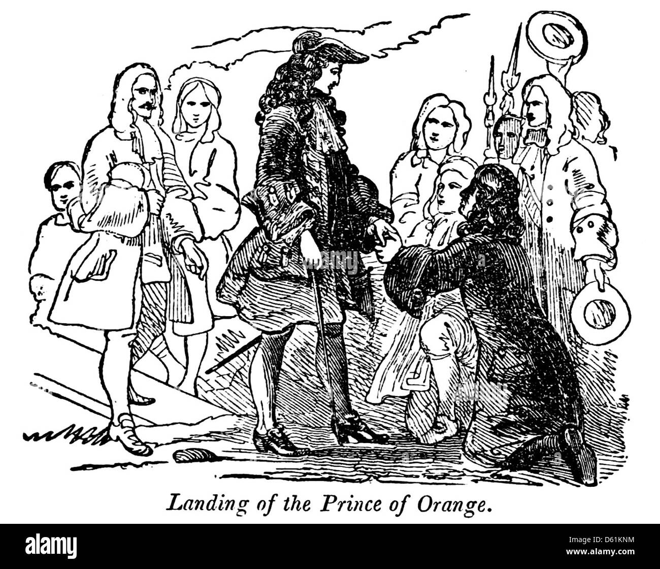 Cette image de 1854 tirée de 'A Pictorial History of England' montre le débarquement du prince d'Orange, un événement crucial dans l'histoire britannique. L'image capture le moment de son arrivée, marquant le début de la glorieuse Révolution. Banque D'Images