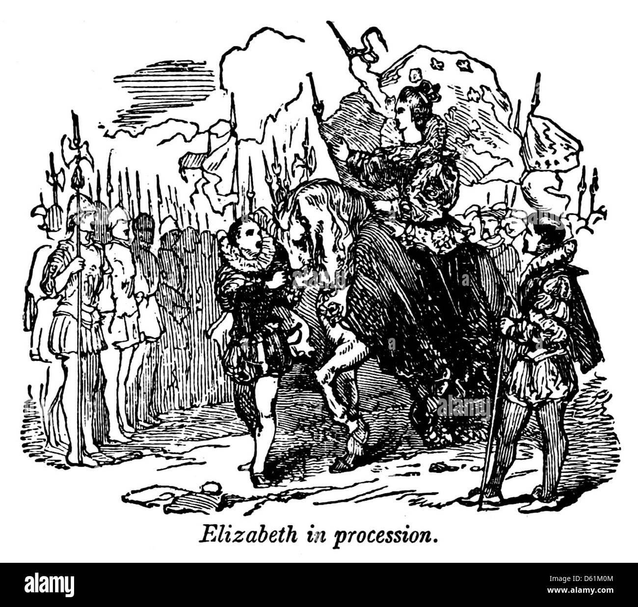 Cette illustration de 1854 tirée de 'A Pictorial History of England' montre une procession avec la reine Elizabeth au centre. L'image capture un moment historique, soulignant l'importance des événements royaux dans la vie culturelle et politique de l'Angleterre pendant son règne. Banque D'Images