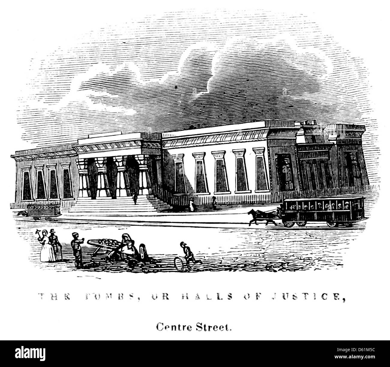 Une image de guide de 1846 représentant New York City, y compris des endroits importants tels que Center Street et les Halls of Justice. L’image offre un aperçu historique de l’architecture de la ville et des principaux sites urbains. Banque D'Images