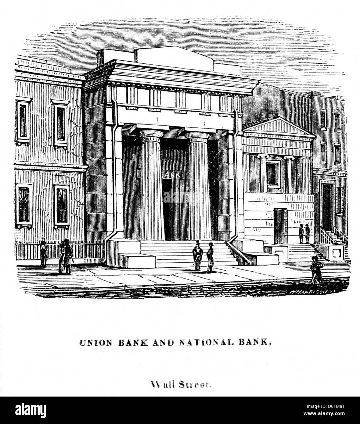 Cette illustration de 1846 fournit un guide de la ville de New York, mettant en valeur des monuments comme Union Bank et National Bank à Wall Street. L'image offre une vue historique de New York au milieu du XIXe siècle, mettant en évidence son paysage urbain en pleine croissance. Banque D'Images