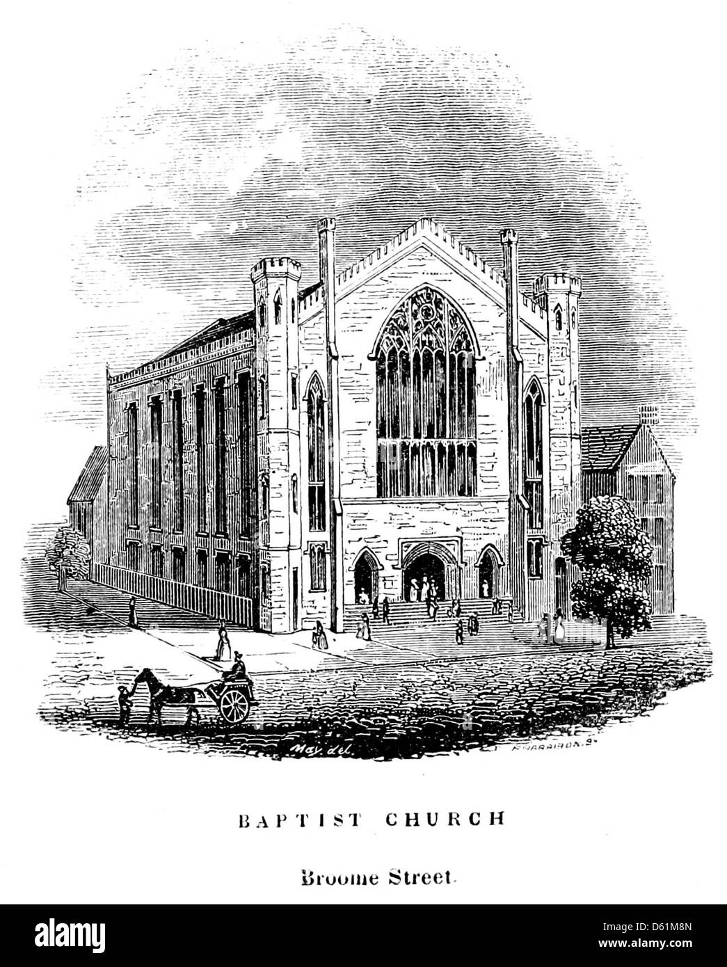 Cette image de 1846 fournit une image détaillée de la ville de New York, y compris des endroits importants comme Broome Street et l'église baptiste. Il sert de guide informatif pour les habitants et les visiteurs, illustrant la croissance précoce et l'infrastructure de la ville. Banque D'Images