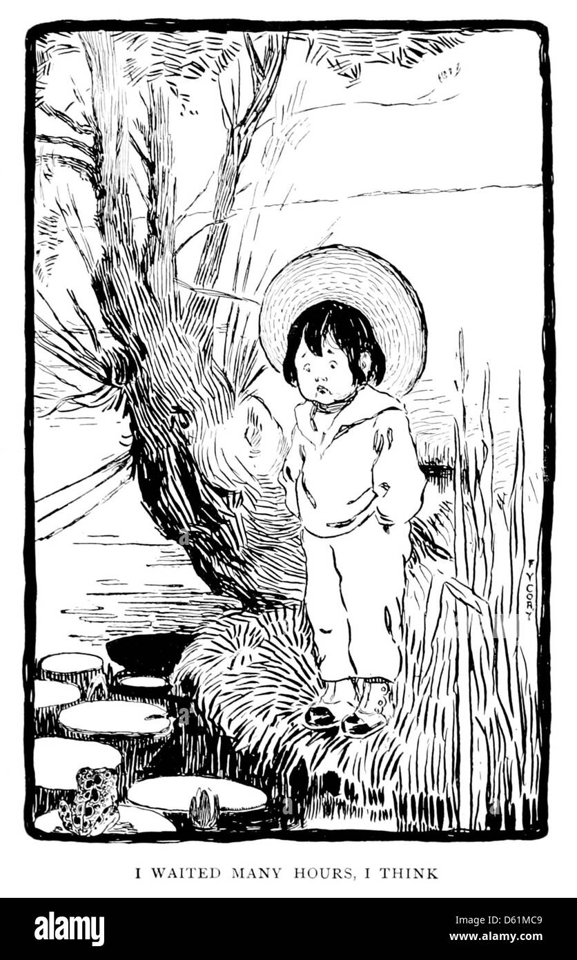 Une illustration de 1902 tirée de 'A Pocketful of Posies', montrant des enfants jouant près d'un étang à grenouilles, représentant une scène joyeuse de la littérature pour enfants du début du XXe siècle avec un thème ludique et axé sur la nature. Banque D'Images