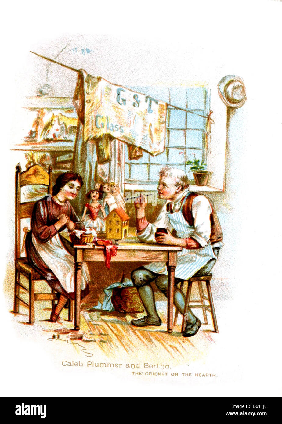 Une illustration tirée de 'A Rosy Path', un livre d'anniversaire de Dickens publié en 1904, mettant en vedette les personnages Caleb Plummer et Bertha de 'le cricket sur le ciel'. L'image donne vie au cadre victorien de l'œuvre bien-aimée de Charles Dickens. Banque D'Images