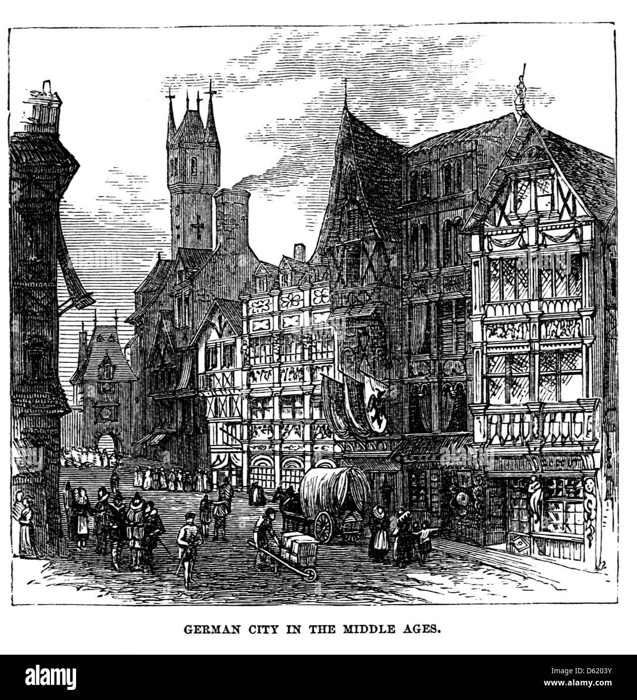 Cette image est tirée de 'A School History of Germany' (1874) et représente une ville allemande du moyen âge, mettant en valeur les caractéristiques architecturales et culturelles de l'époque. Banque D'Images