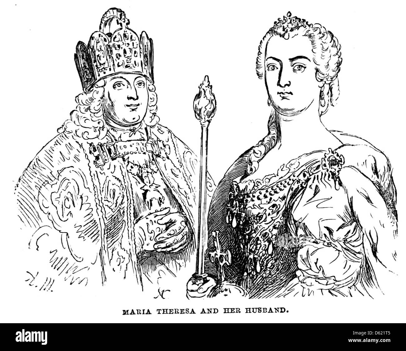 Une illustration de 1874 tirée d'un livre scolaire historique représentant Marie-Thérèse, impératrice d'Autriche, figure centrale de l'histoire allemande et européenne. L'image fait partie d'une histoire scolaire de l'Allemagne. Banque D'Images