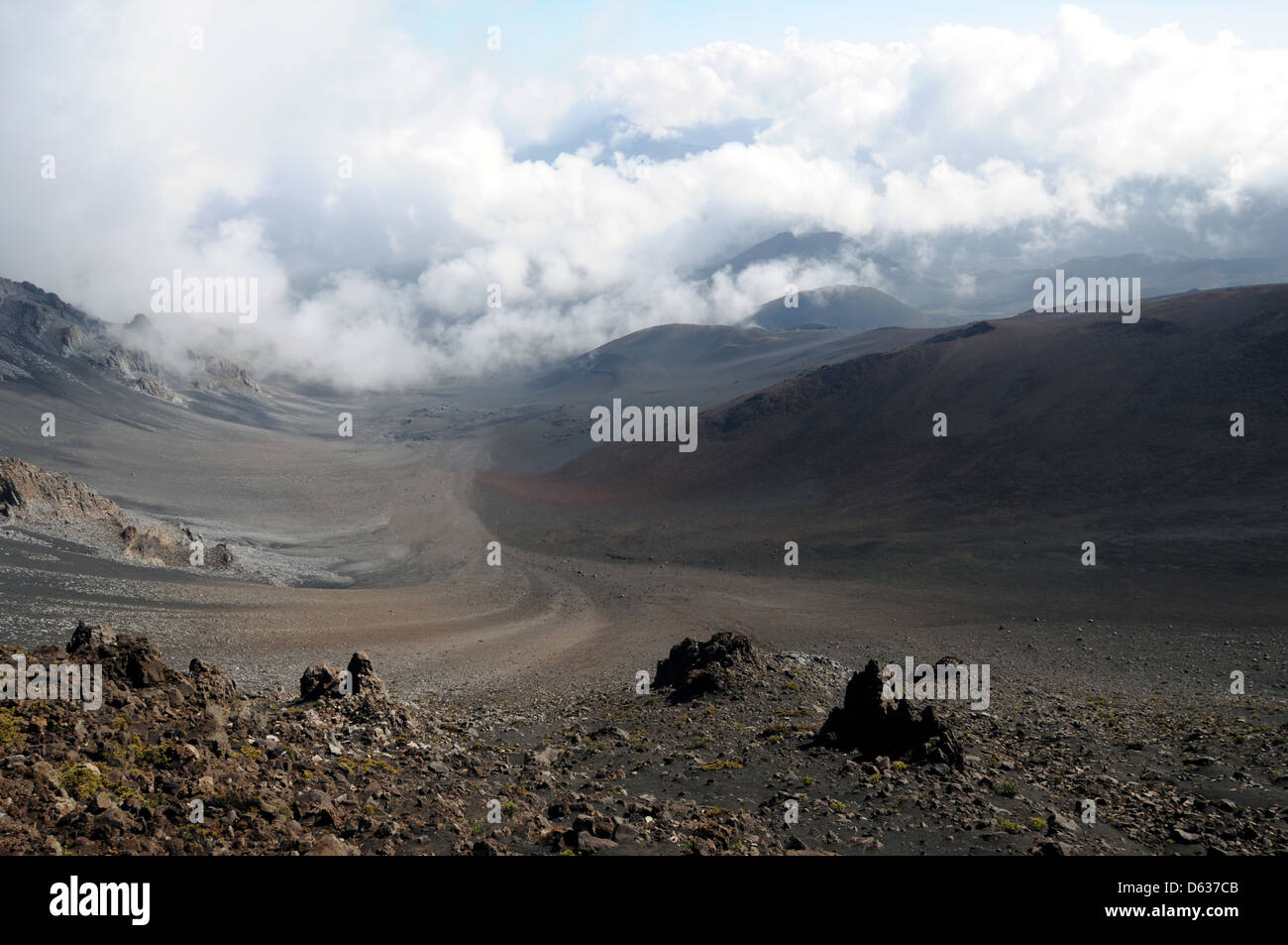 Vue depuis le sentier des sables bitumineux dans la réserve intégrale de Haleakala National Park sur l'île de Maui. Banque D'Images