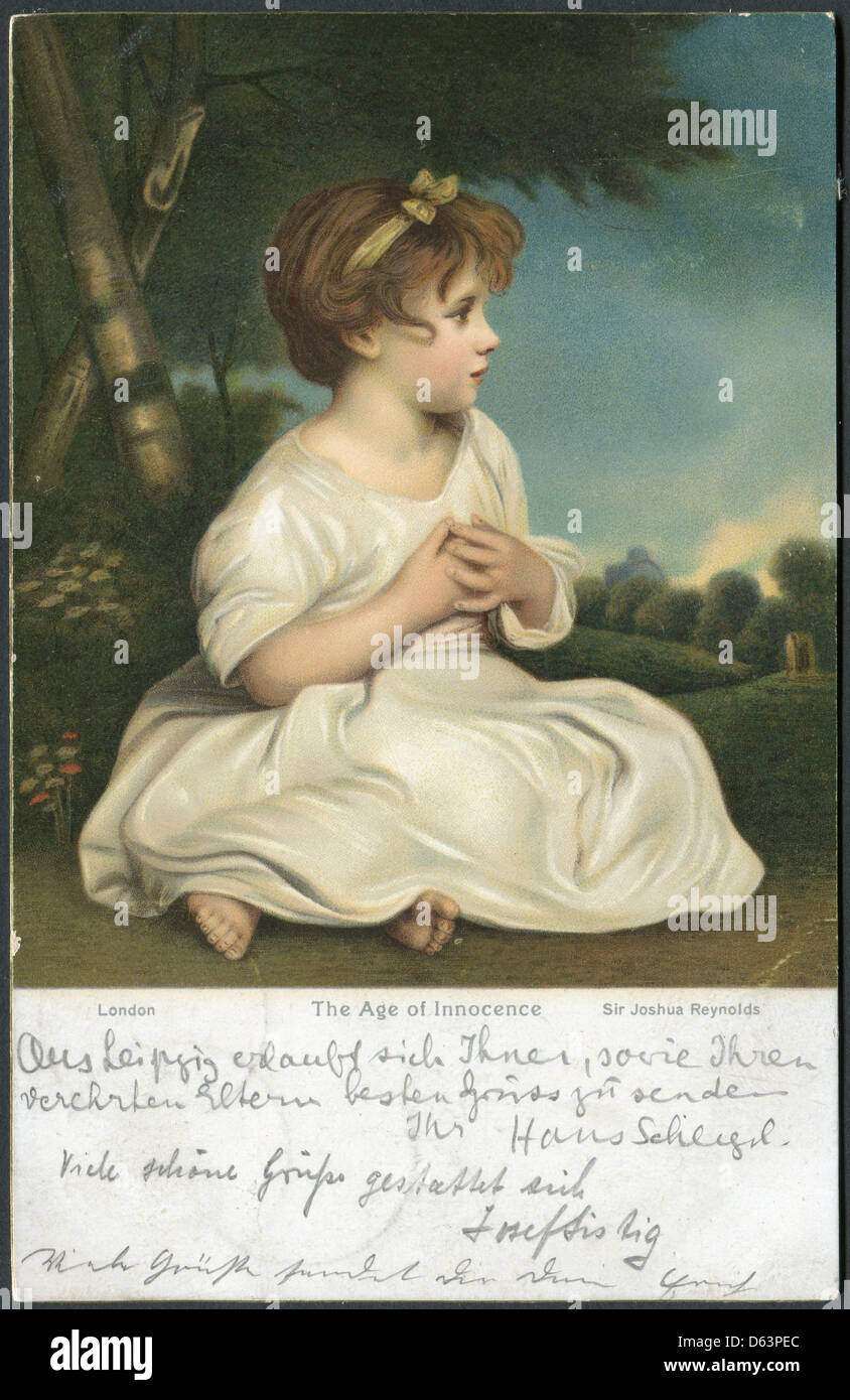 Ancienne carte postale Allemande de 1905. Montre une photo de "l'âge d'Innocence' par Sir Joshua Reynolds. Banque D'Images