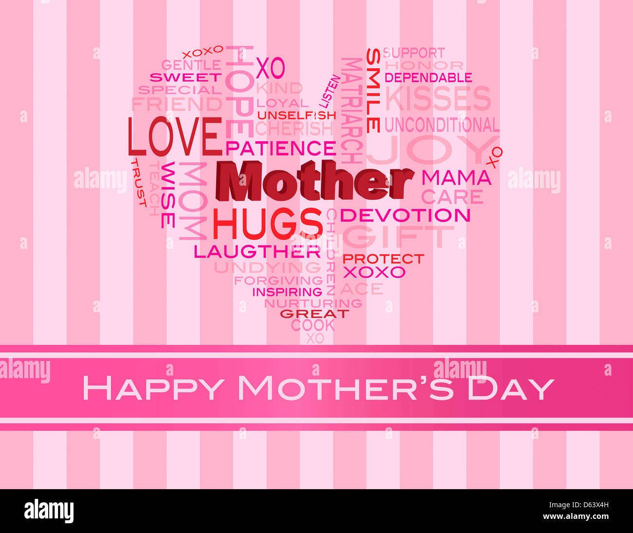 Happy Mothers Day Nuage de mots en forme de coeur Silhouette sur fond rose Illustration Banque D'Images