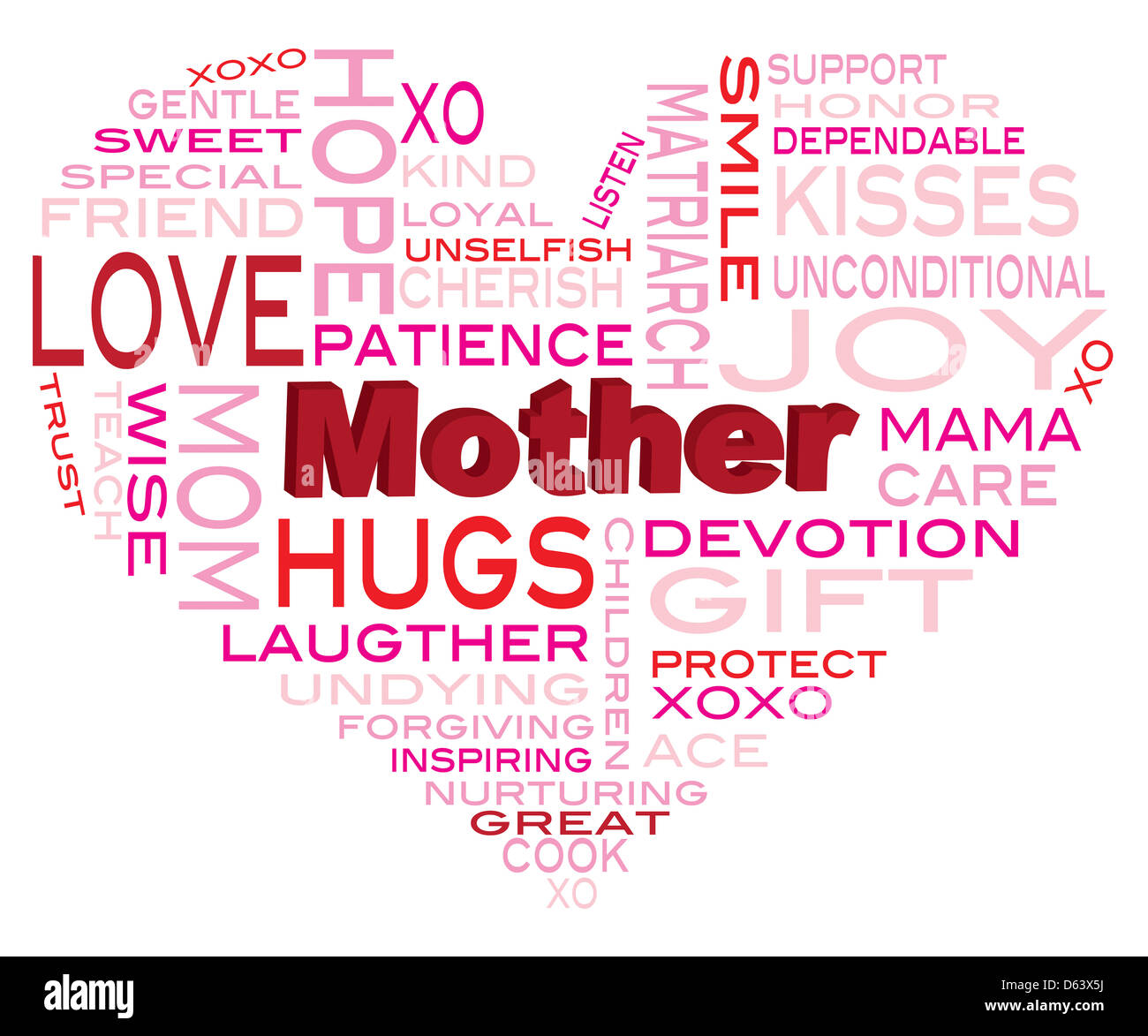 Happy Mothers Day Nuage de mots en forme de coeur d'ossature isolé sur fond blanc Illustration Banque D'Images