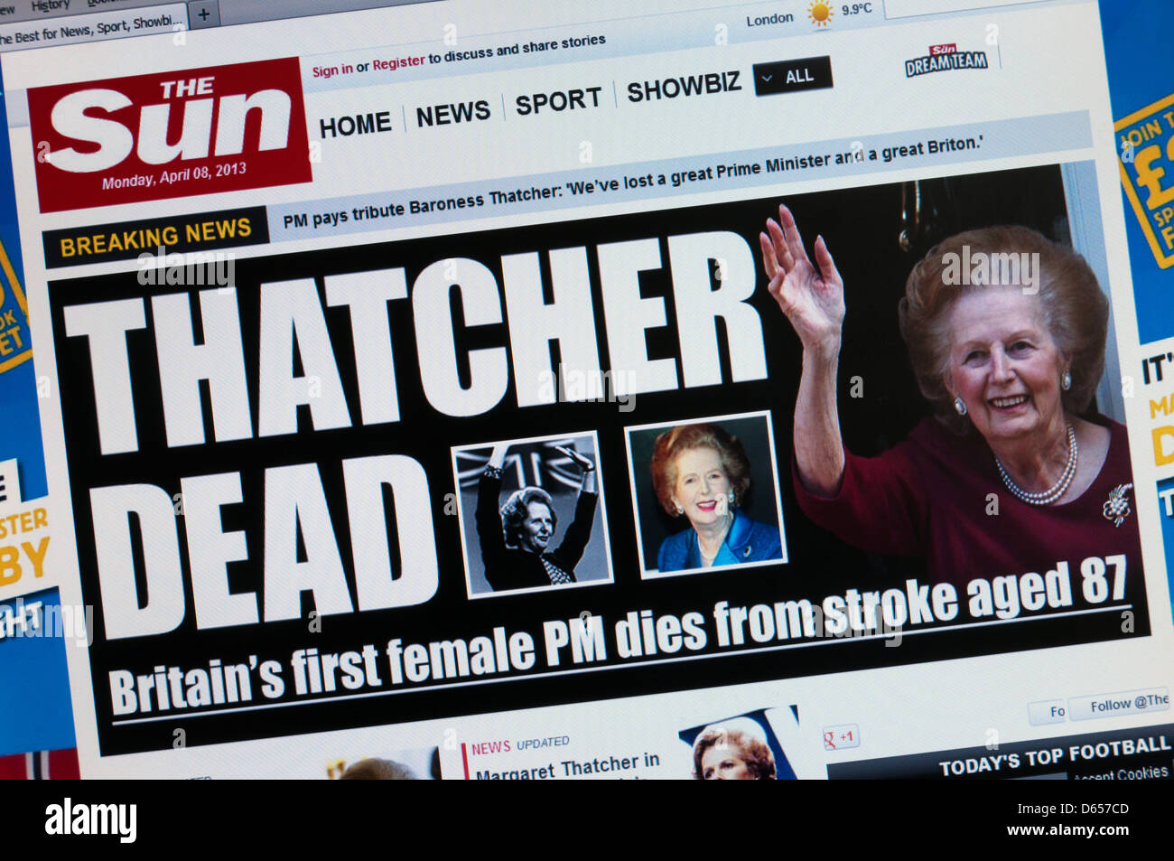 La mort de Margaret Thatcher a annoncé sur le site web du soleil journal. Banque D'Images