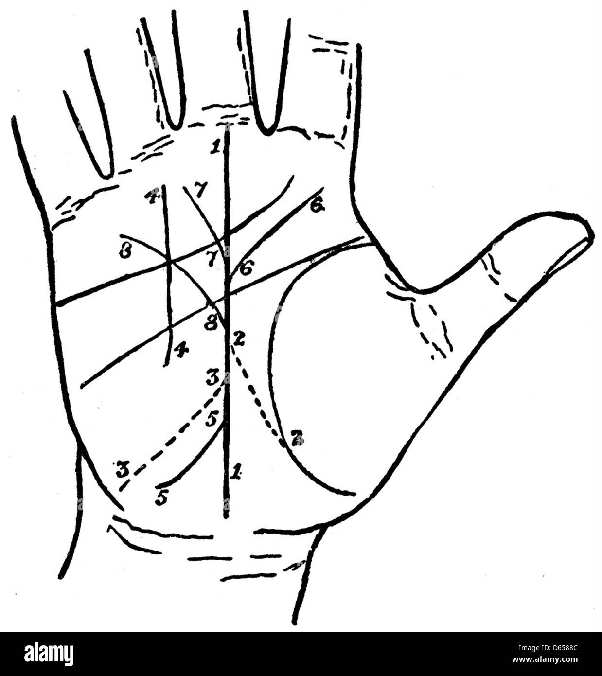 Cette illustration de 1916, étiquetée 'Fig 3' par Cheiro, présente la palmistie, représentant les lignes de la main dans le cadre de l'art de la lecture de palmiers, en mettant l'accent sur les pratiques de l'époque révélatrices de fortune. Banque D'Images