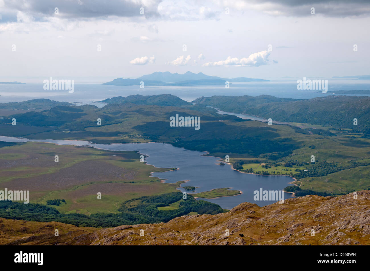 Les îles de rum et l'Eigg sur Loch Shiel, de Beinn Resipol dans Sunart, Ecosse, Royaume-Uni. Banque D'Images
