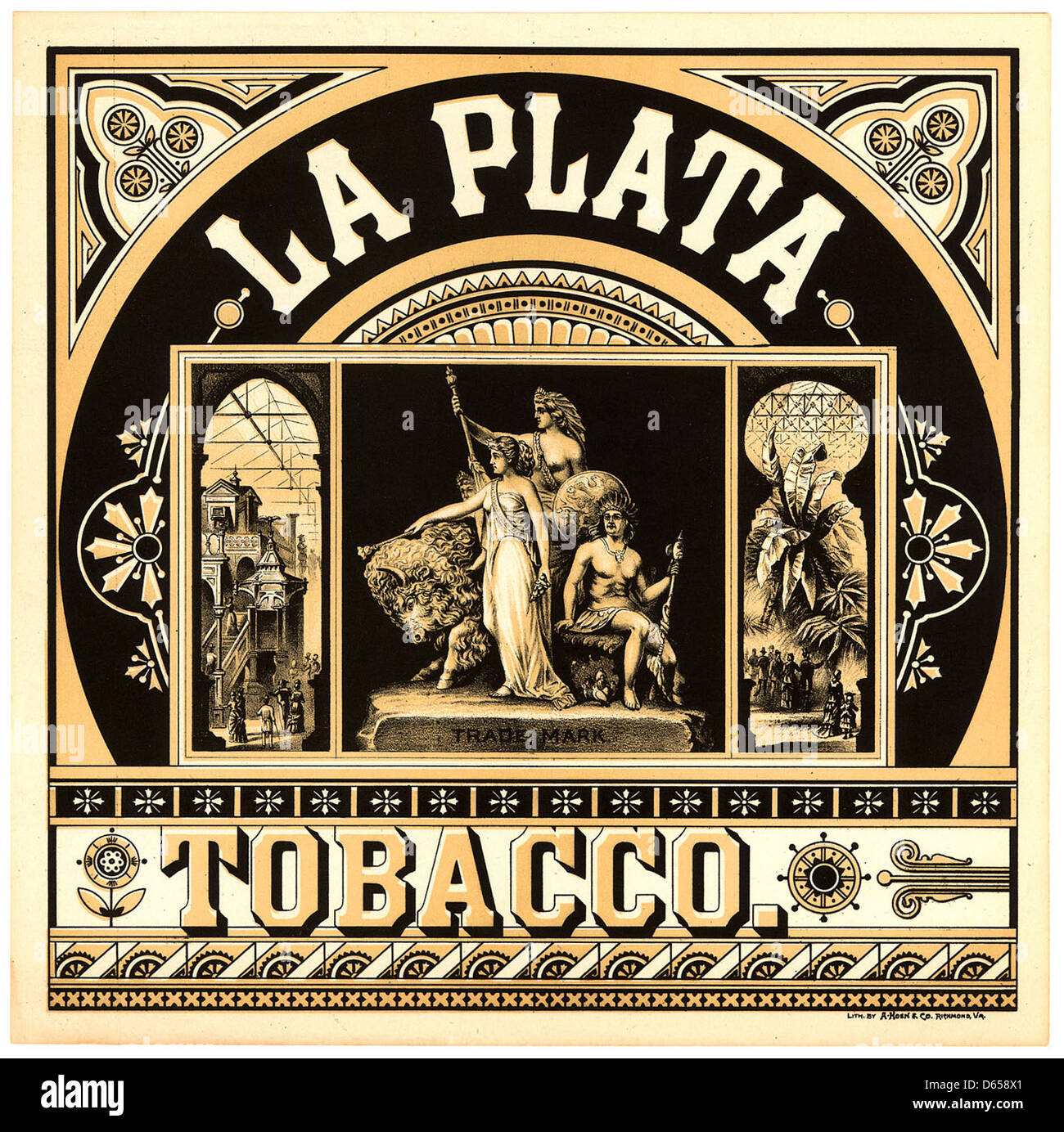 Une image publicitaire vintage pour le tabac la Plata, mettant en valeur l'éphémère et l'image de marque du début du XXe siècle. La publicité souligne probablement les efforts de marketing de l’entreprise dans l’industrie du tabac. Banque D'Images